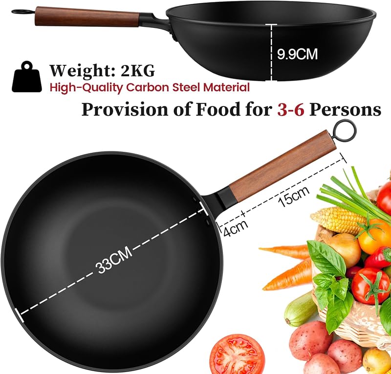 33cm/13inch Premium Wokpfanne mit Glasdeckel - Kohlenstoffstahl Wok ohne chemische Beschichtung, Ideal für Asiatische Küche, Induktionstauglich für Gasherd, Elektro- und Ceranfeld — Foto 5 von 7