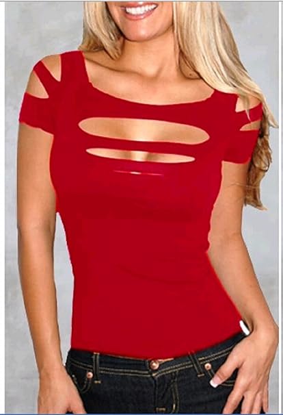 Amazon Ruby 1５ファッション夏 欧米風 流行 胸開き タートルネック 胸あき 女性 肩中開き レディース セクシー Tシャツ フリーサイズ 色選択可 M レッド Tシャツ カットソー 通販
