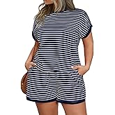 Beautife Womens Plus Size Lounge Set 2 Piece Outfits Stripe Short Sleeve Shirts Tops Shorts Summer Casual Loungewear