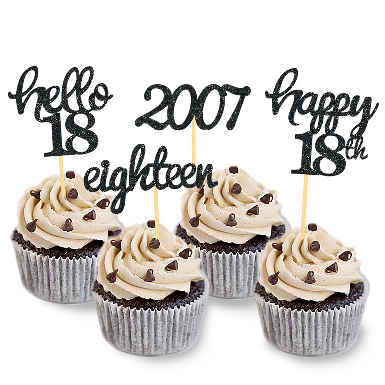 Photo 1 of 24 Pcs Glitter 18th Birthday Cupcake Toppers for Celebrating 18th Birthday Party Decorations for Eighteen Years Old Birthday Party Supplies (Black)