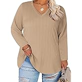 ROSRISS Plus-Size Shirts for Women Trendy Cable Knit V Neck Tops Oversized Long Sleeve Tees Dressy Pullover Tunics XL-5XL
