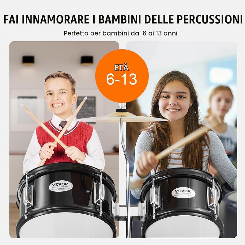 Kit di Batteria per Bambini, Set Completo per Principianti, 5 Pezzi, Kit con Basso Tom, Rullante, Trono, Piatto, Pedale Hi-Hat e Due Paia di Bacchette, Kit Tamburo Principianti 40,64 cm, Nero