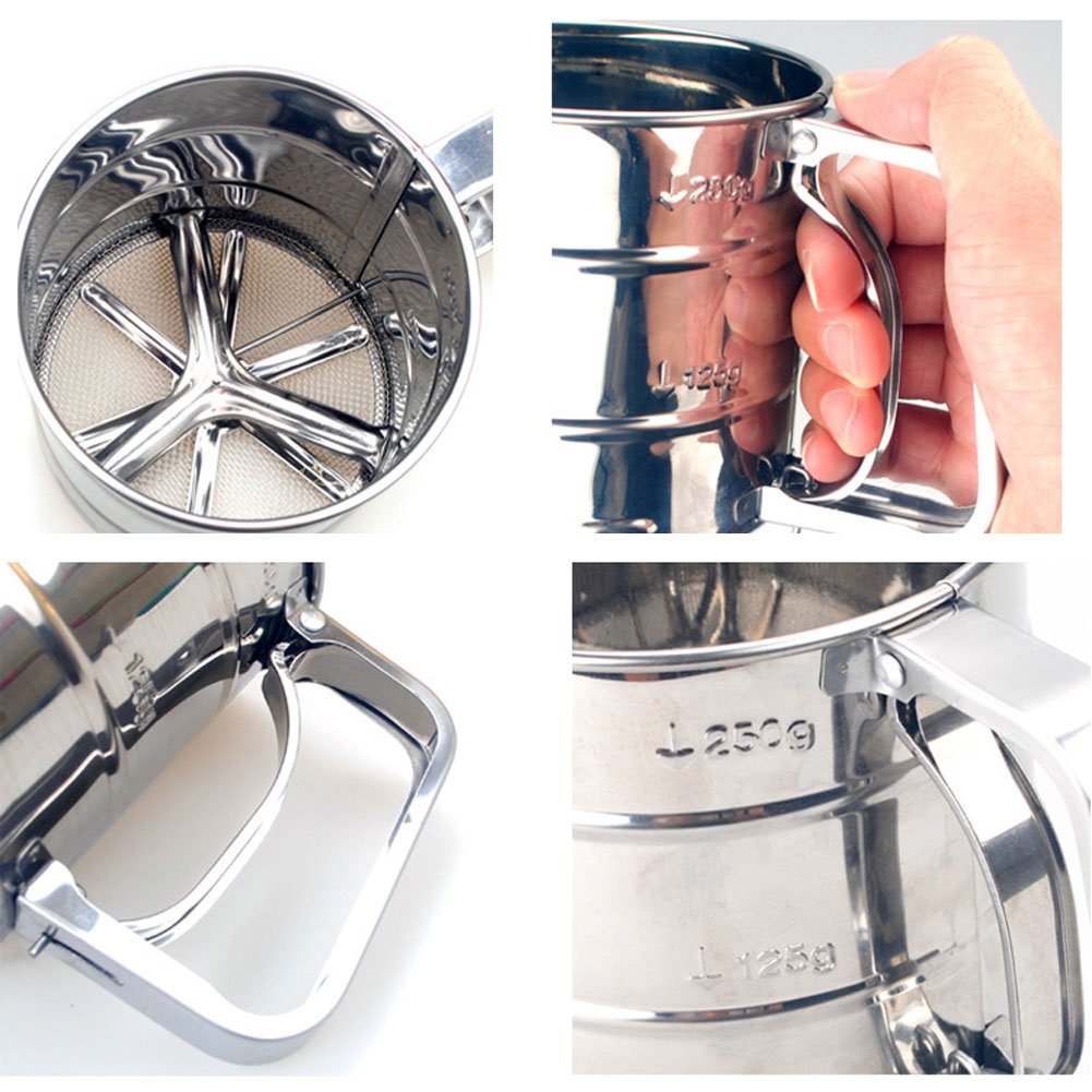 Stainless Steel Flour Sifter for Baking,Handheld Flour Sieve Icing Sugar Sifter with Crank Handle