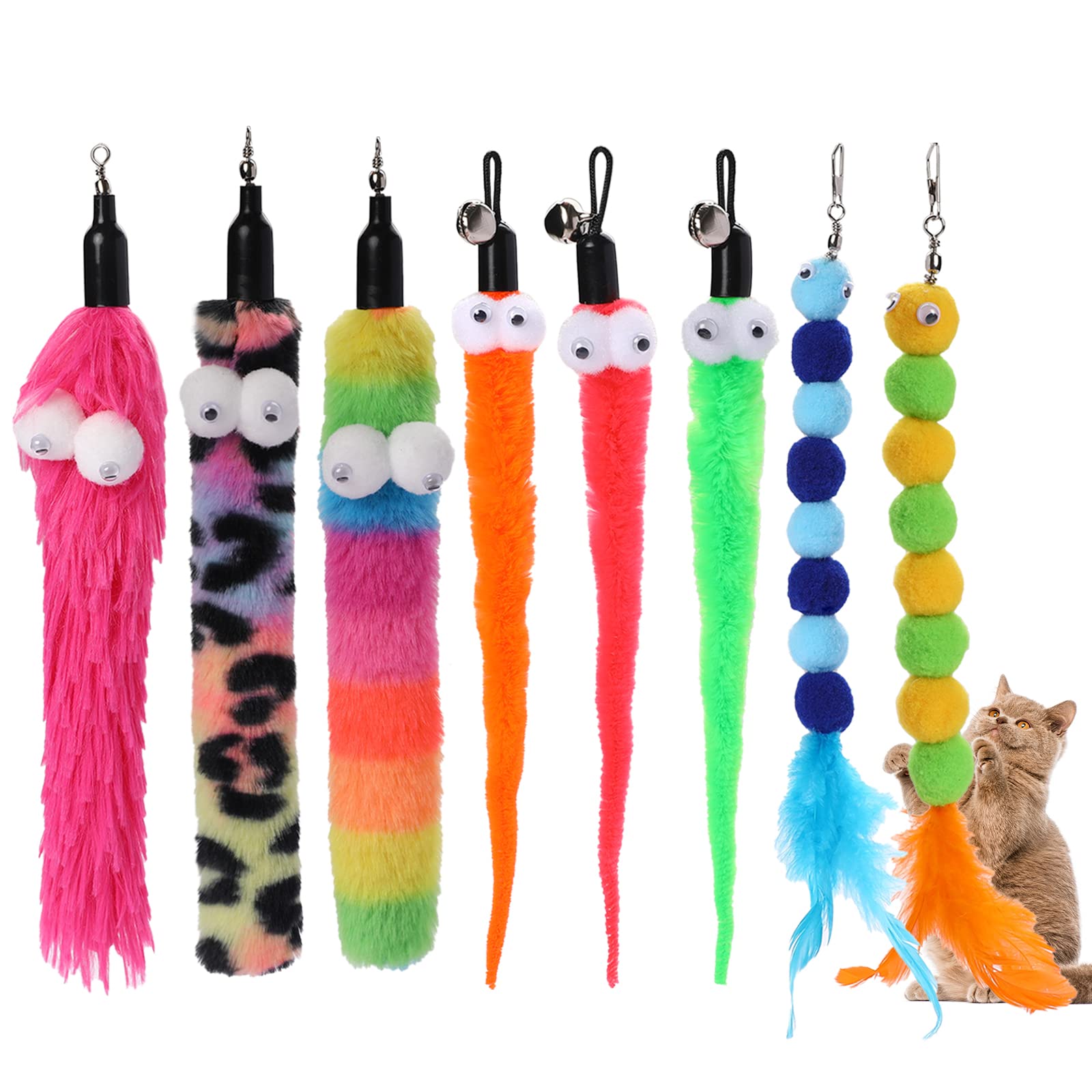 8 Pcs Cat Wand Toy Refills Replacement Cat fishing rod toys Interactive Kitten Feather Wand Refills Attachment with Bells for Indoor Cats Kitten