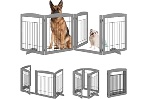 4NM No-Assembly Folding 96" Extra Wide 30" Tall Wooden Dog Gate with Door Walk Through, Freestanding Wire Pet Gate, Accordion Puppy Gate, with 2PCS Support - Gray