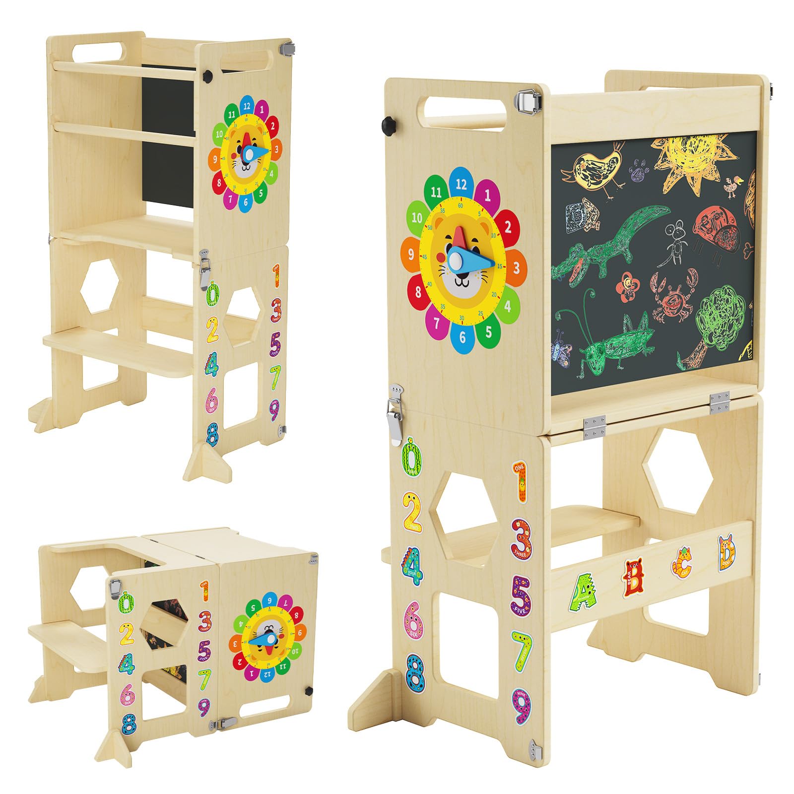 Photo 1 of 4-in-1 Toddler Standing Tower,Foldable Standing Tower with Blackboard and Wooden Learning Clock,Toddler Kitchen Stool Helper for Kids,Wooden Kids Kitchen Step Stool