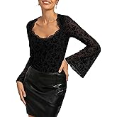 Womens Mesh Long Bell Sleeve Tops, Lace Floral Square Neck Shirts, Y2K Boho Country Concert Outfits