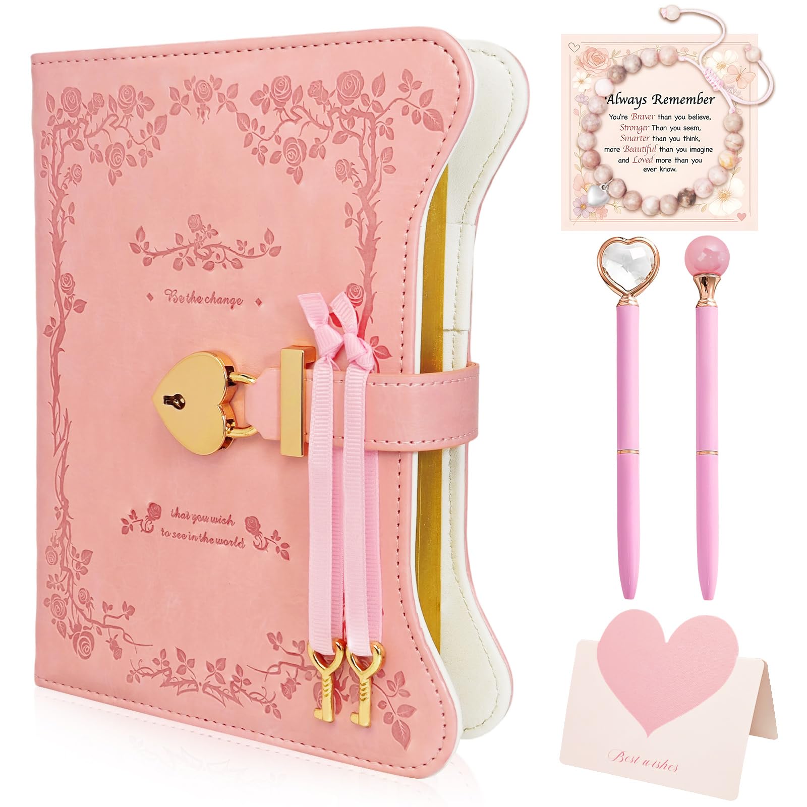 Hokoad 5pcs/Set Diary with Lock for Girls Women, 360 Pages Journal Notebook with Lock and Keys, Bracelet, Pen, A5 Pu Leather Secret Diary for Girls Ages 8-14, Back to School Birthday Gifts(Pink)