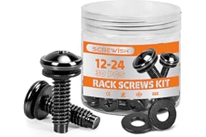 Screwish 30 Pack 12-24 Rack Screws with Nylon Washers, Self-Guiding Pilot Point, Carbon Steel Black Zinc Plated for Server Ra