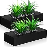 Hotop 2 Pcs Artificial Green Grass Plants in Wood Decorative Planter Pot Wooden Faux Greenery Rectangle Box Table Plant for Tabletop Centerpiece Indoor Decor(9.5 Inch,Black)