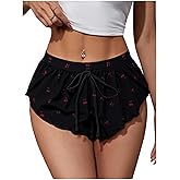 MAKEMECHIC Women's Pajama Bottoms Floral Print Plaid Tie Front PJ Shorts Slit Hem Cherry Summer Lounge Shorts
