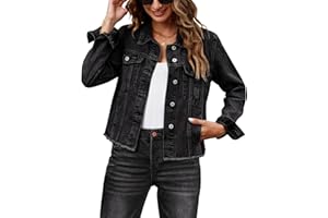 luvamia Denim Jacket for Women Distressed Jean Jackets Button Up Vintage Western Trucker Jacket Frayed Hem Pockets