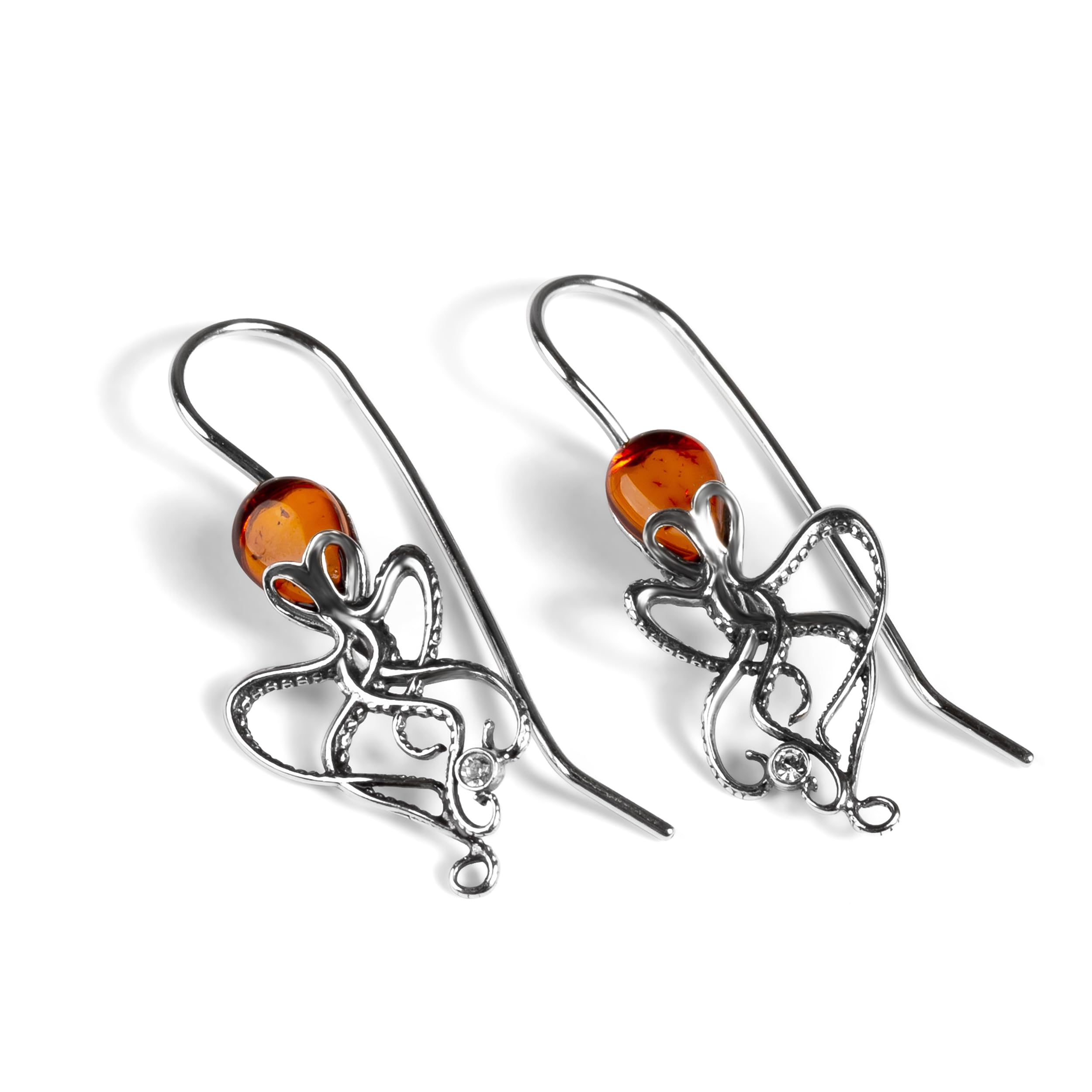 HENRYKA Octopus Drop Hook Earrings in Baltic Amber and 925 Sterling Silver | Sea Life Jewellery | Holiday Summer Accessory | Amber Earrings