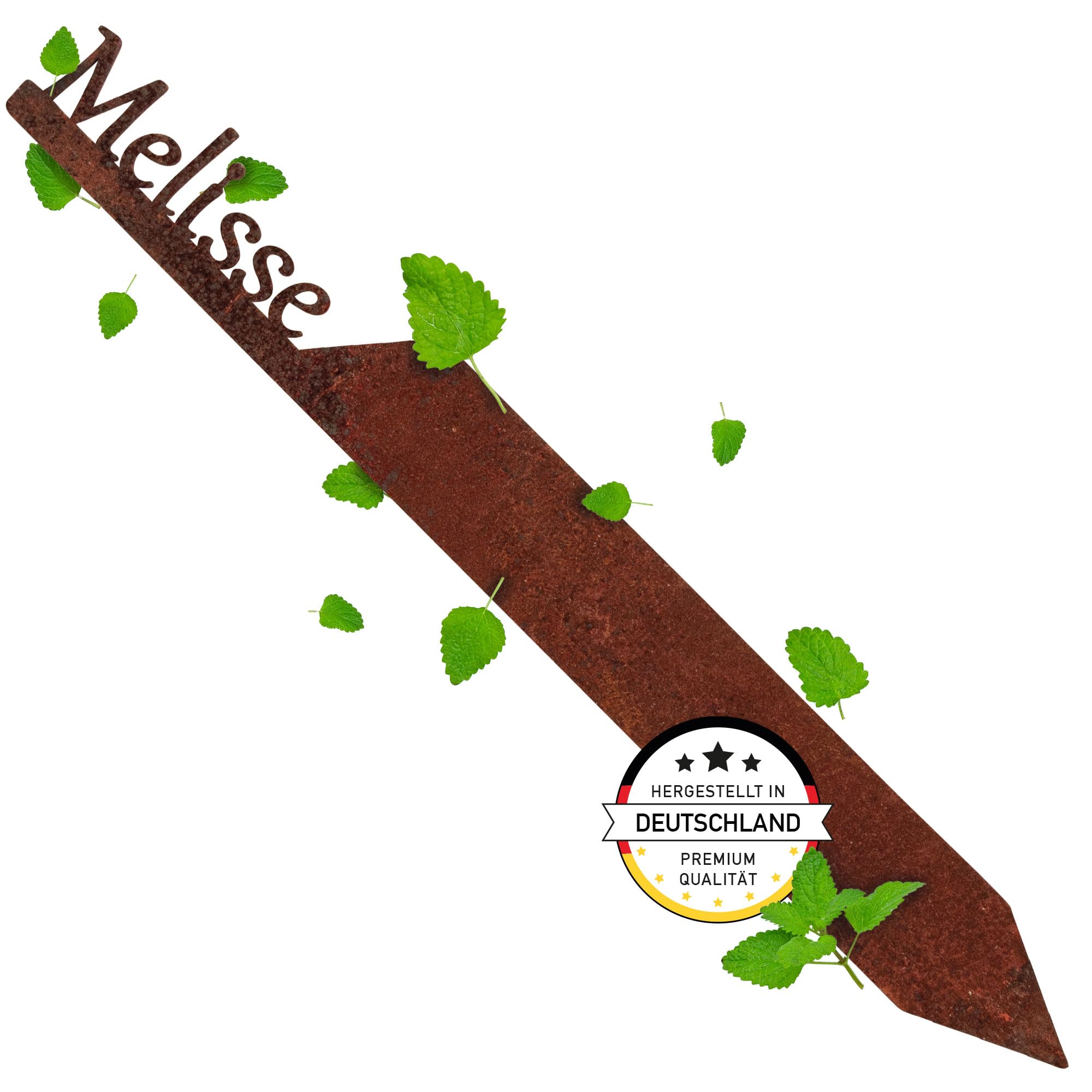 EXTRAVAGANT® Garden Stake "Melissa" Herb Stake Herb Signs Plant Signs Plant Stakes Metal Steel Rust Patina Weatherproof for Garden Bed Garden Signs Garden Decoration Rust Stake