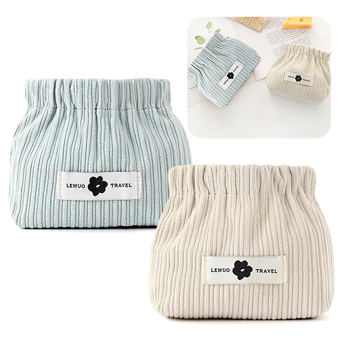 Koonafy 2pcs Corduroy Elastic Hair Tie Organizer Portable Travel Small Makeup Pouch Corduroy Lipstick Storage Bag for Hair Jewelry Lipstick Coin Purse for Women(Blue+White)