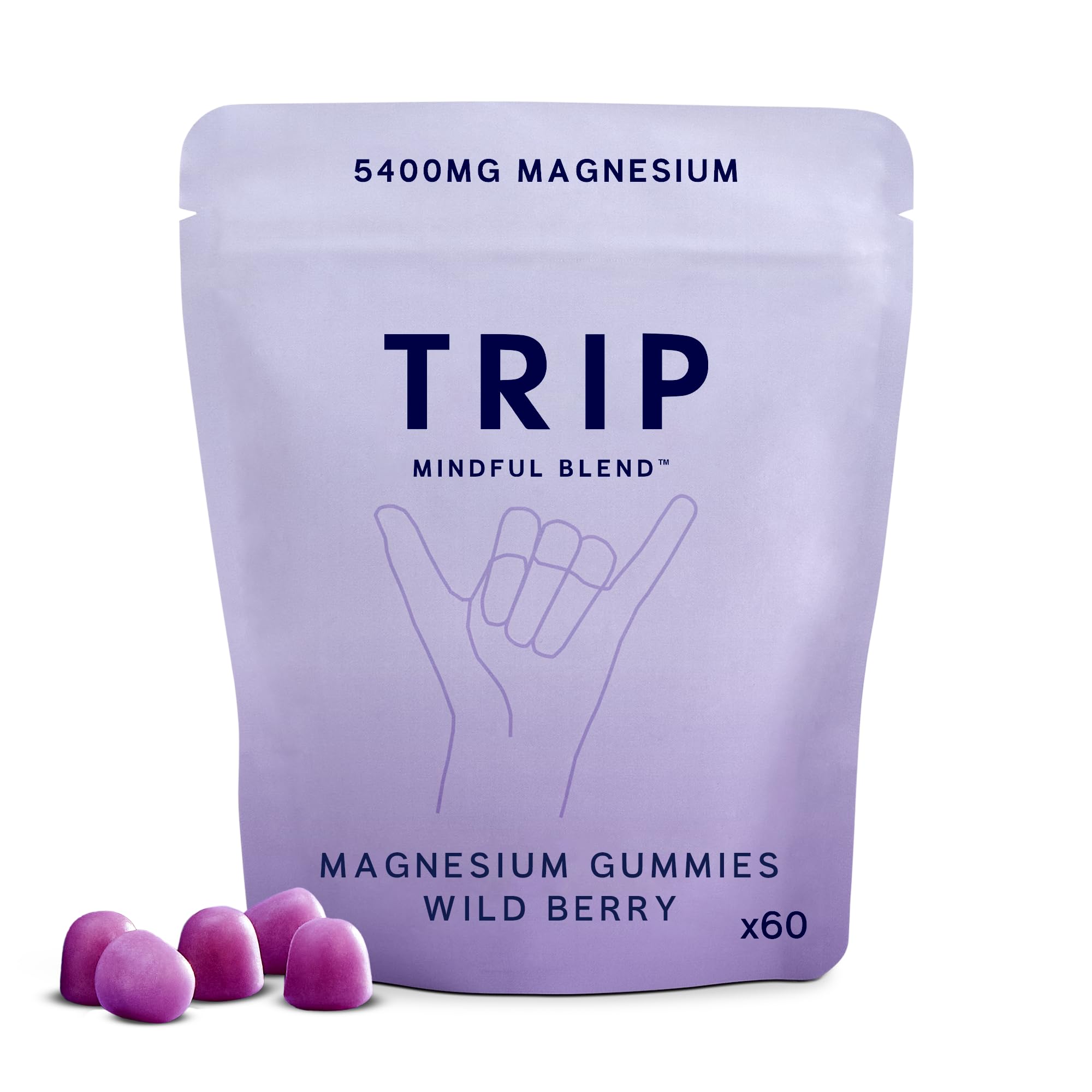TRIP Magnesium Citrate Gummies Infused with L Theanine, Vegan, Sugar Free Magnesium Supplement for Adults, 180mg per Serving, On The Go Calming Gummy, Wild Berry Flavor, 1 Bag - 60 Count
