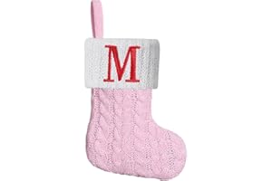 Pxniy Mini Pink Knit Stocking,8.5 Inches Initial Monogram Embroidered Christmas Stocking,Family Fireplace Hanging Ornament Xmas Holiday Decor Gift-Letter M