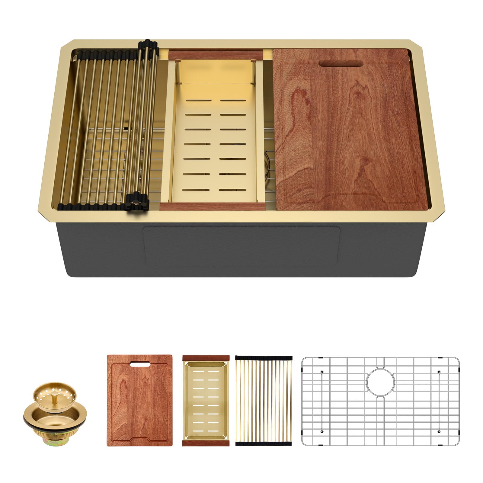 Lordear 28 Undermount Kitchen Sink Gold Stainless Steel 16 Gauge Under Counter Workstation Sink Single Bowl 304 Stainless Steel One Basin Handmade Sinks Image