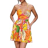 winkbay Women's Tropical Print Tie Backless Mini Dress Deep V Neck A Line Flowy Vacation Dresses