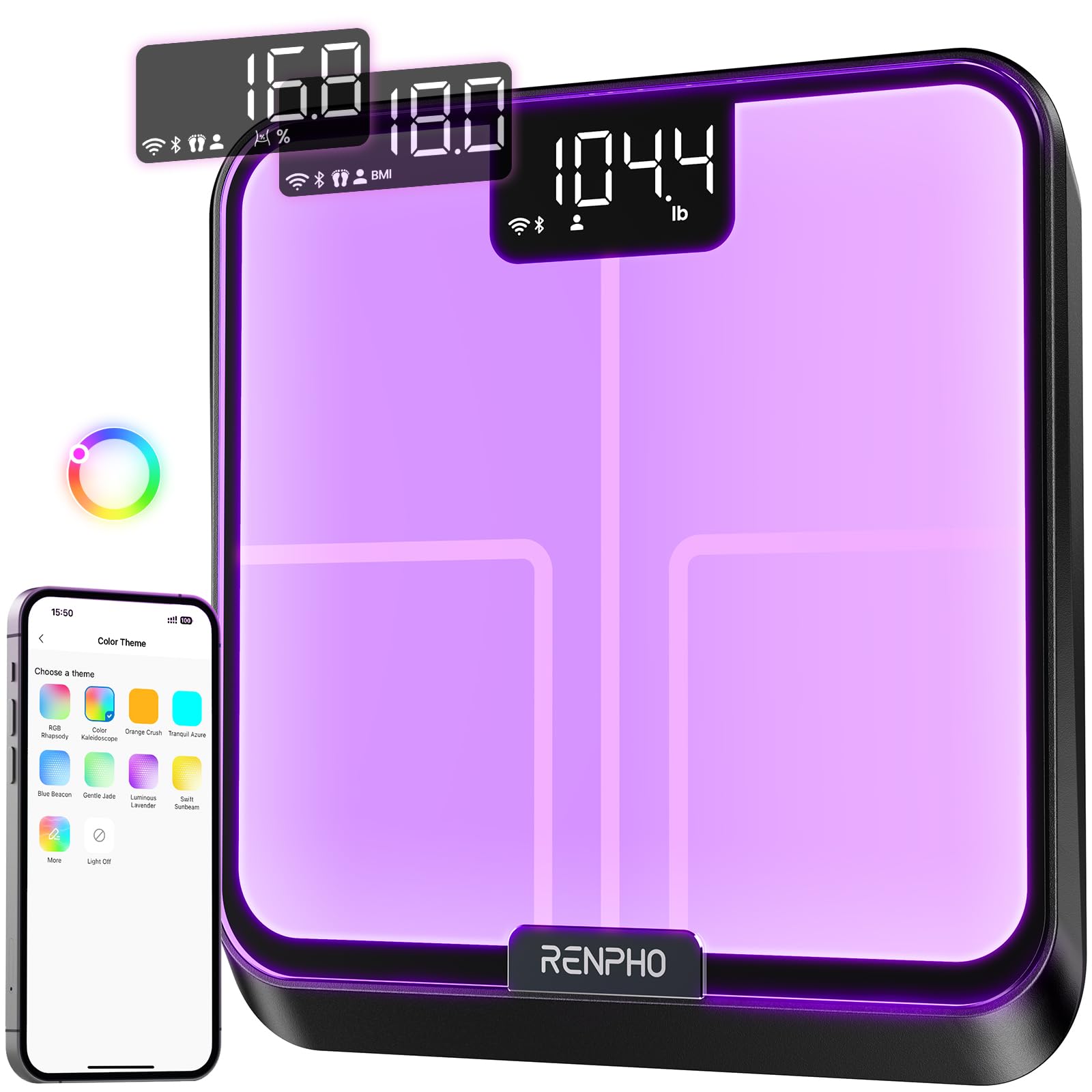 Photo 1 of RENPHO Smart Scale for Body Weight, BMI, Body Fat, Muscle Mass, Bluetooth Wi-Fi Rechargeable Scale, RGB Lighting Color Changing Scale, Sync with Fitness App, Chroma Aspire