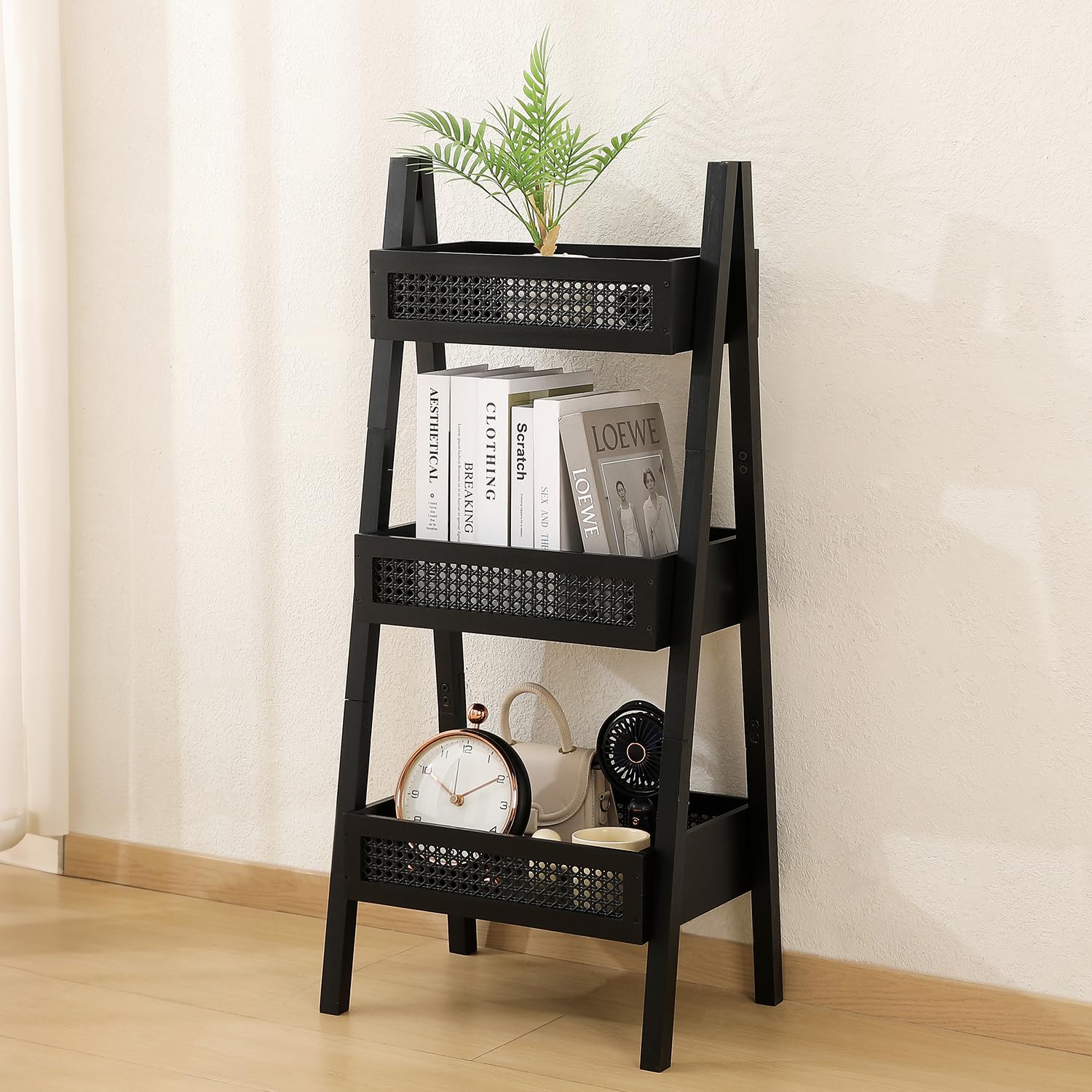 Photo 1 of Culture Label 3 Tier Rattan Basket Stand – 38.5x31x97.5cm Freestanding Bamboo Ladder Shelf for Plants, Books, Towels, & Decor – Multi-Purpose Tiered Storage Rack for Bathroom, Living Room, & Entryway