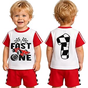 GLIGLITTR 1st Birthday Boy Outfit Fast One Race Car Shirt One Year Old Baby Boy First B-day Party Outfits 2pcs Shorts Set