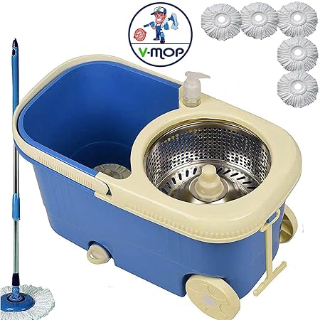 V-MOP Eli Steel Mop Plastic Bucket with Rod + 6 Heads