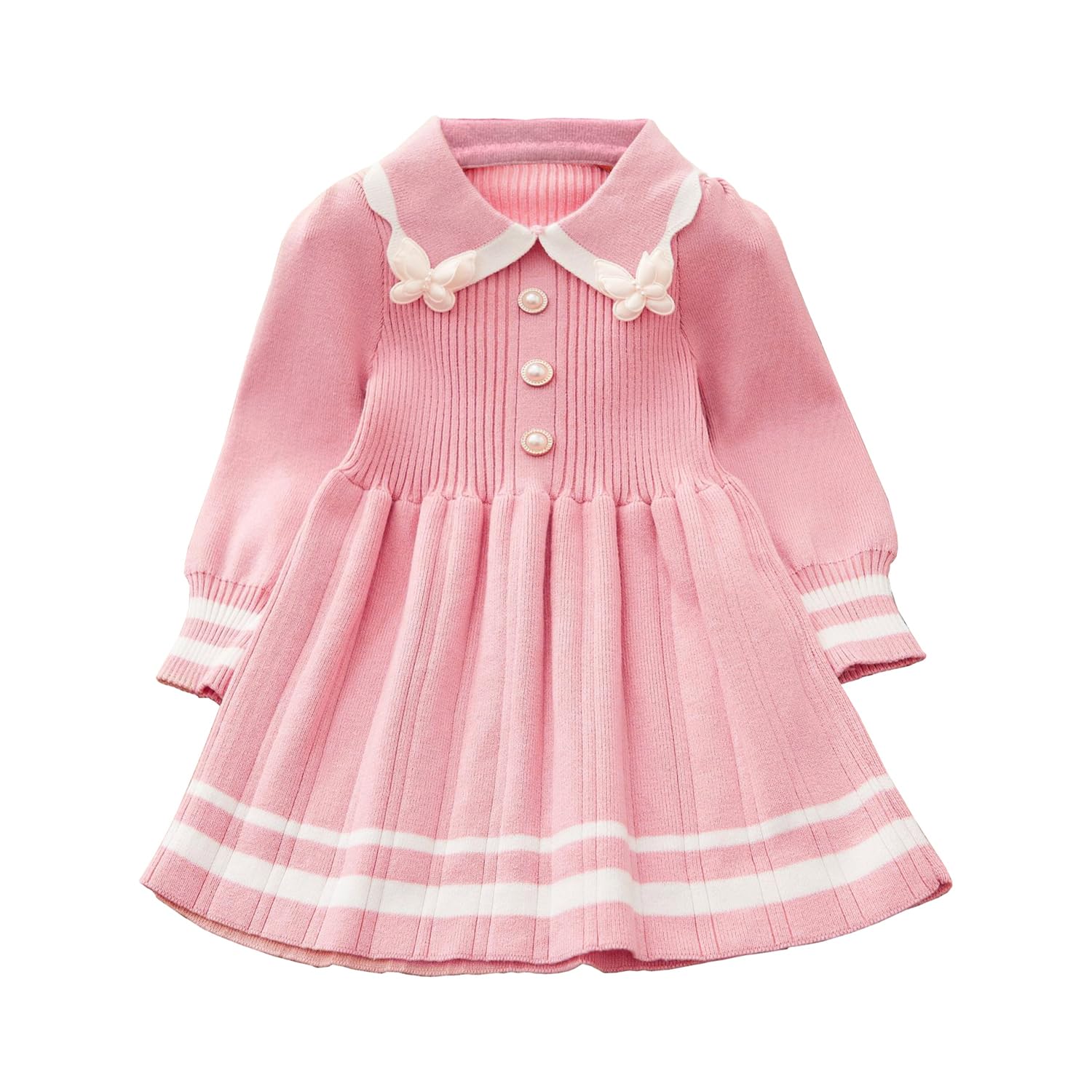 Photo 1 of YETANLID Baby Girls Knit Sweater Dress Toddlers Long Sleeve Soft Touch Lapel Dress A-Line Autumn Winter Pullover Sweater Dress Pink Stripes Size 18-24 Months