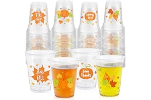 ABURRORI 50 Pcs 12OZ Fall Thanksgiving Plastic Cups, Thanksgiving Autumn Party Cups Maple Leaf Pumpkin Printed Juice Soda Beverage Party Favors for Fall Themed Birthday Supplies