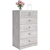 Signature Design by Ashley Paxberry 5 Drawer Chest of Drawers, Whitewash | Boho carved medallion accents, Durable engineered wood construction, Space-saving 5-drawer vertical bedroom storage