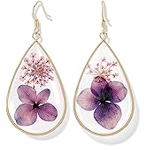 OZEL Pressed Flower Earrings 14K Real Gold Plated Teardrop Circle Dangle Earrings for Women Girls (Made in Korea)