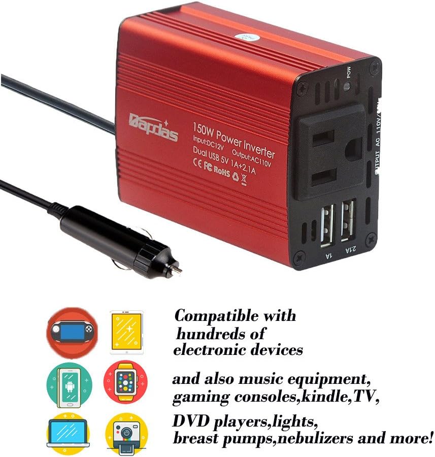 Bapdas 150W Car Power Inverter DC 12V to 110V AC Car Converter with 3.1A Dual USB Car Adapter-Red