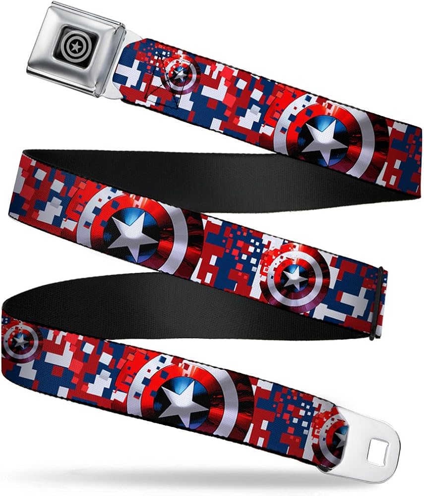 Buckle-Down Seatbelt Belt - Captain America Shield Digital Camo Blue/White/Red - 1.0" Wide - 20-36 Inches in Length: Clothing