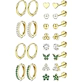 Jstyle Hypoallergenic 14K Gold Plated Stud Hoop Earrings for Women Men Surgical Stainless Steel Flat Back Earrings Small Huggie Hoops Cartilage Earring Set for Multiple Piercing Jewelry Gift for Women