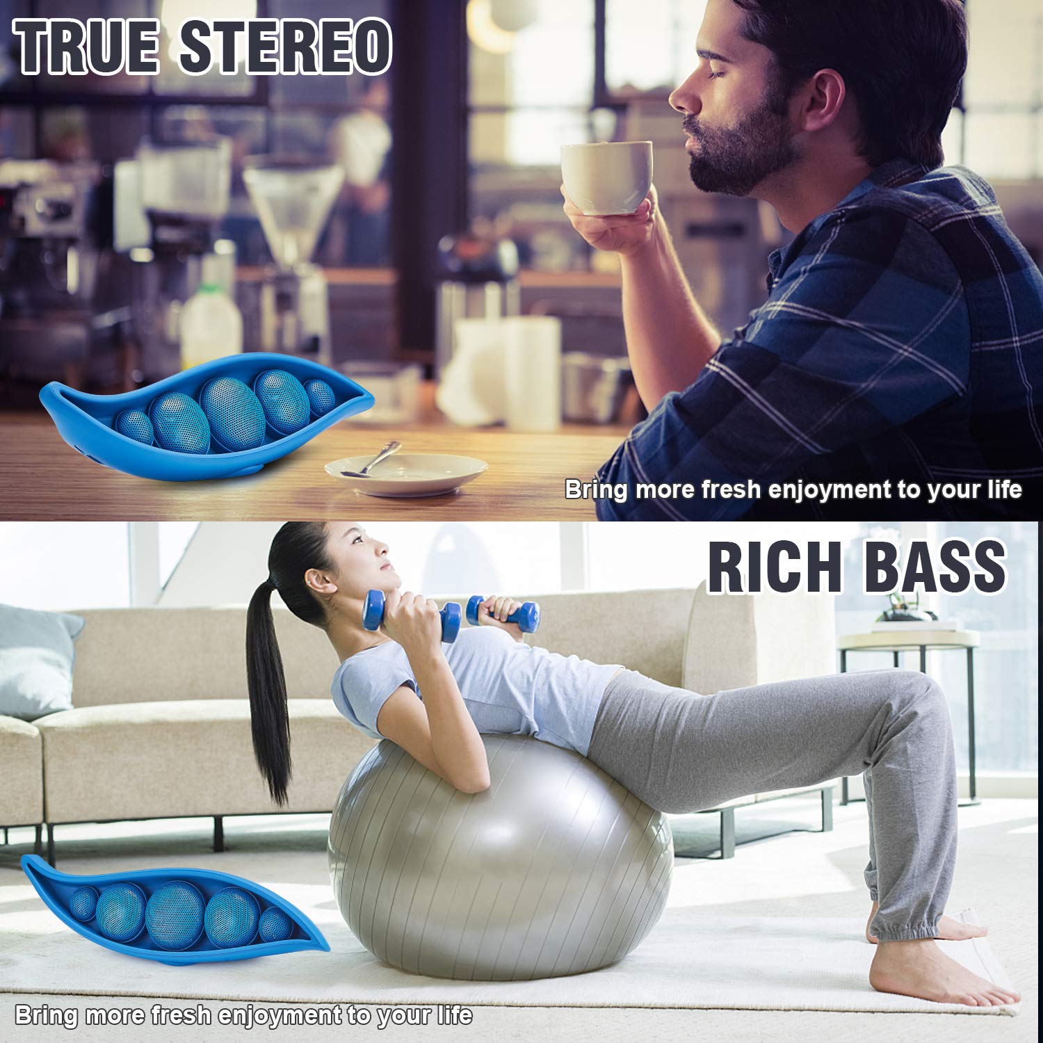 Bluetooth Speaker with Superior Stereo Sound, Exclusive Pea Appearance, 5-Watts, 24-Hour Playtime, Perfect Wireless Speaker for Home (Blue)