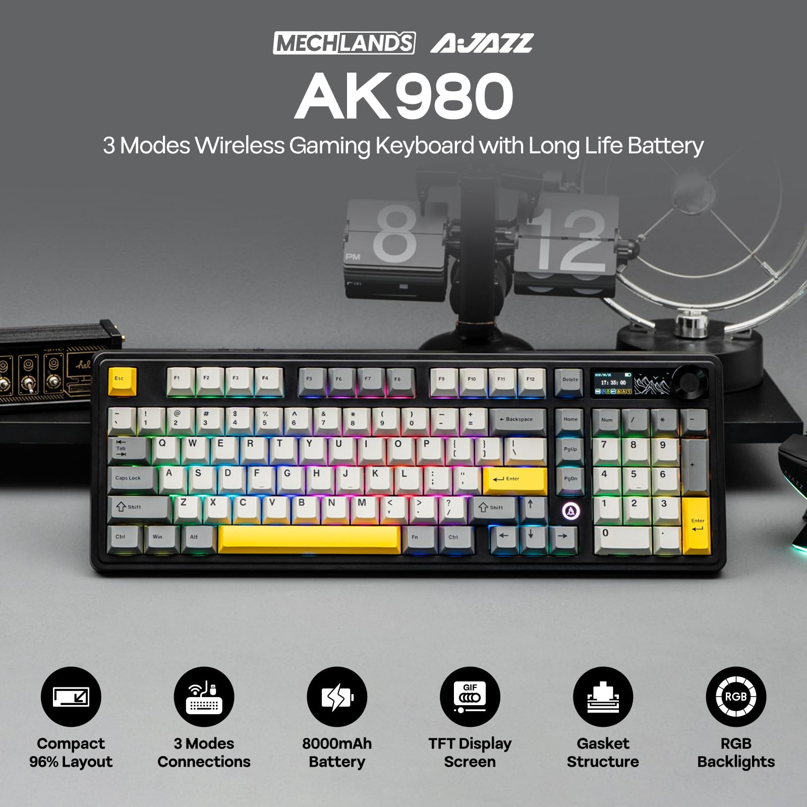 MechLands AJAZZ AK980 96% USB-C/BT5.0/2.4GHz Wireless Gaming Keyboard with 1.14’’ TFT Screen, Hot Swappable Creamy Mechanical Keyboard with FR4 Plate, Knob, RGB for Win/Mac (Black, Gift V2 Switch)