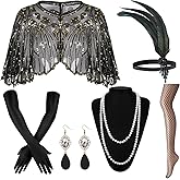 1920s Gatsby Flapper Accessories Set, Roaring 20s Accessories Women Feather Headpiece Necklace Earrings Long Gloves,Black Gold