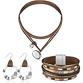 Inbagi 3 Pcs Western Jewelry for Women Bohemian Set, Boho Pendant Long Choker, Faux Leather Layered Bracelet, Dangle Earrings(Rustic Style)