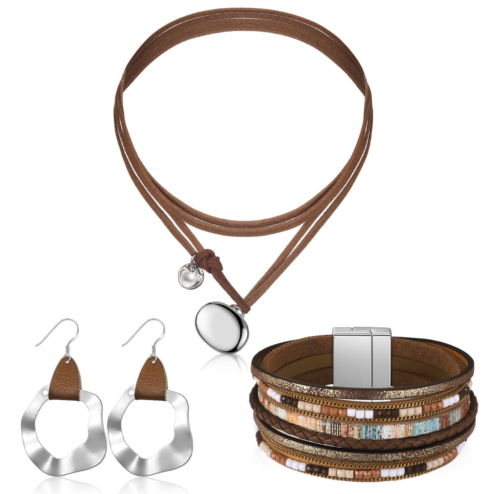 Photo 1 of Inbagi 3 Pcs Western Jewelry for Women Bohemian Set, Boho Pendant Long Choker, Faux Leather Layered Bracelet, Dangle Earrings(Rustic Style)