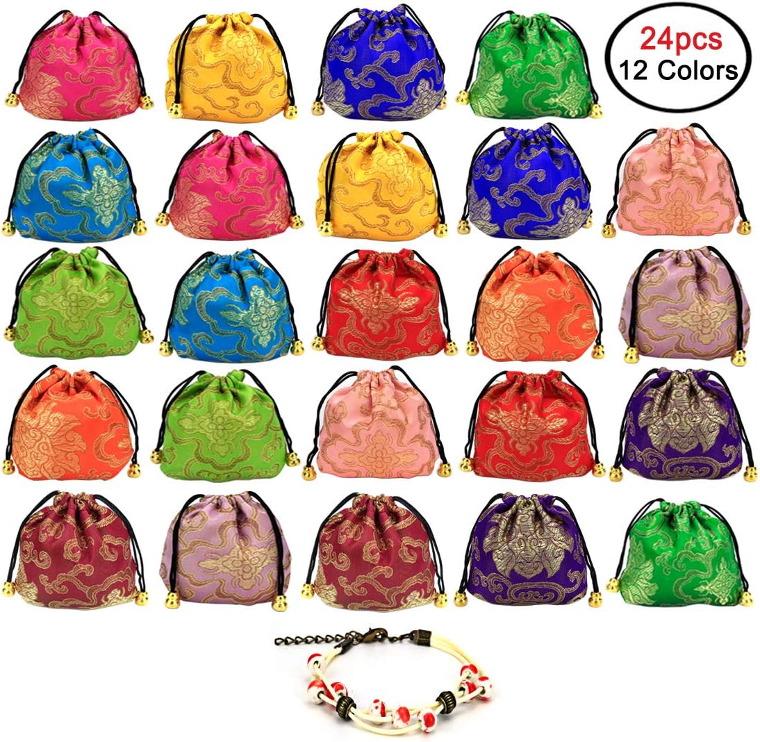GemEwell 24 pcs Chinese Silk Brocade Embroidered Jewelry Pouch Bag Coin Purse (with 1 Ceramic Bracelet)