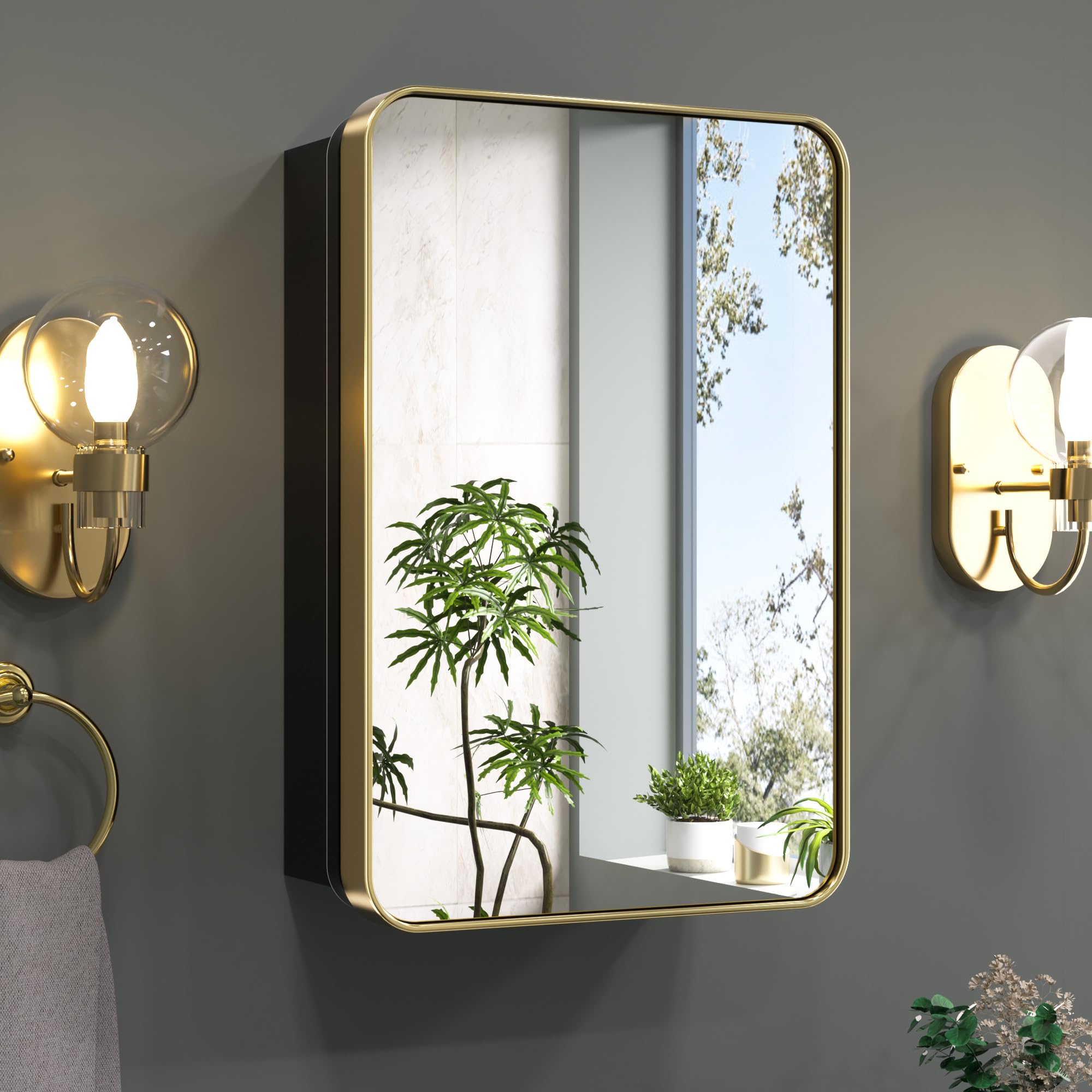 Photo 1 of Keonjinn Gold Bathroom Medicine Cabinet with Mirror 16 x 24 Inch, Small Brushed Brass Medicine Cabinet, Stainless Steel Framed, Stepless Adjustable Shelves, DTC Hinges, Recessed or Surface Mount