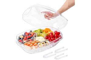 IVYHOME 3-Tier Chilled Serving Tray with Lid, 15" Fruit Ice Serving Platter with 4 Compartments, Shrimp Cocktail Serving Dish, Divided Serving Bowl for Parties