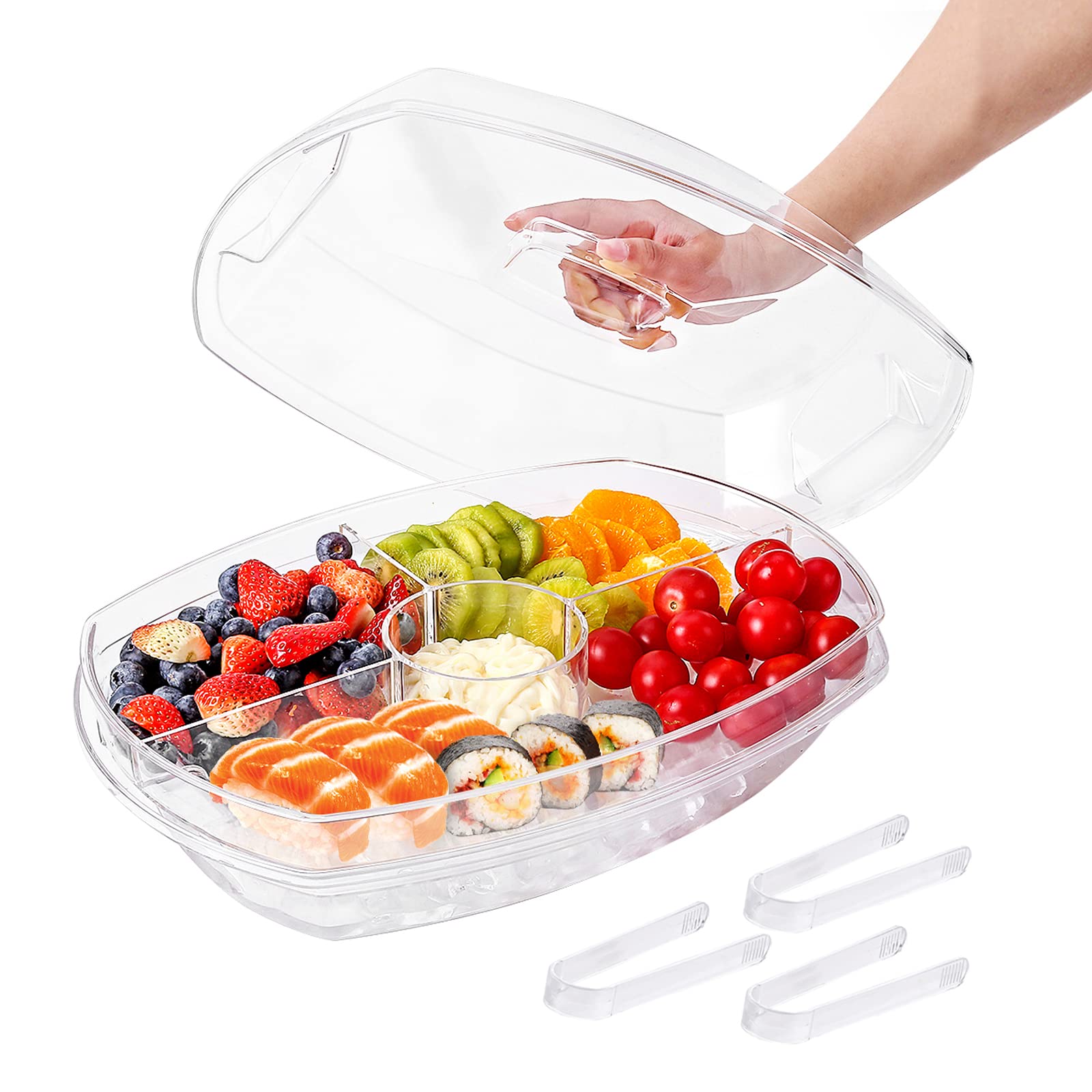 Photo 1 of **LID BROKEN**IVYHOME 3-Tier Chilled Serving Tray with Lid, 15" Fruit Ice Serving Platter with 4 Compartments, Shrimp Cocktail Serving Dish, Divided Serving Bowl for Parties