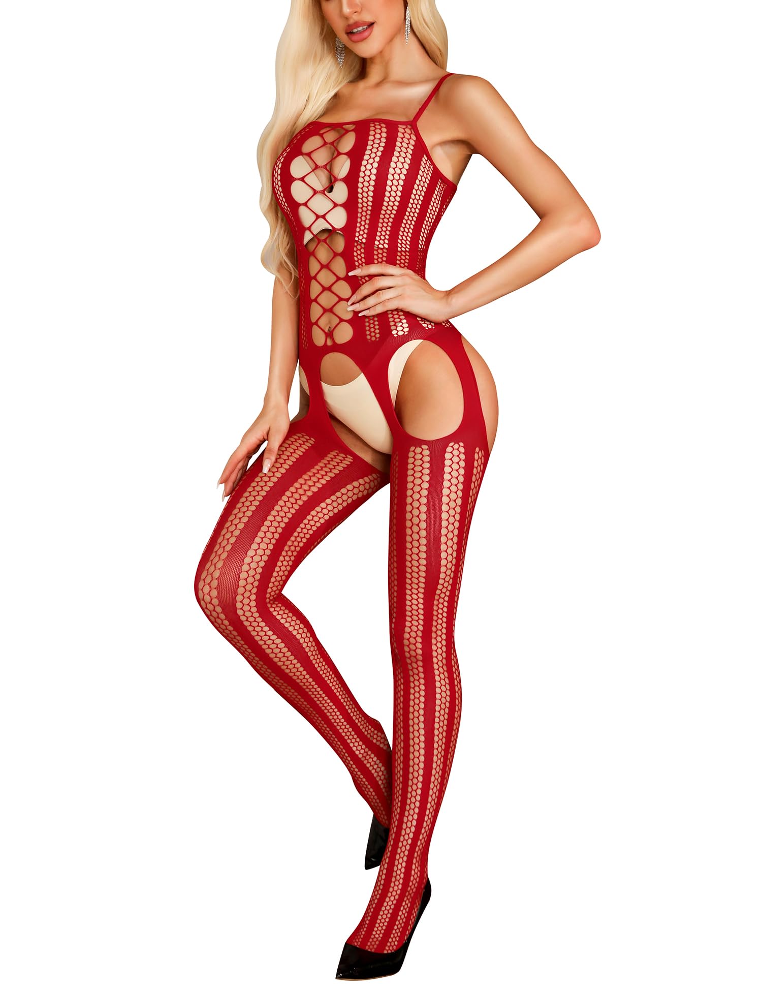 RSLOVE Women Fishnet Bodysuit Lingerie for Women Hollow Fishnet Bodystockings Sleepwear Red One Size