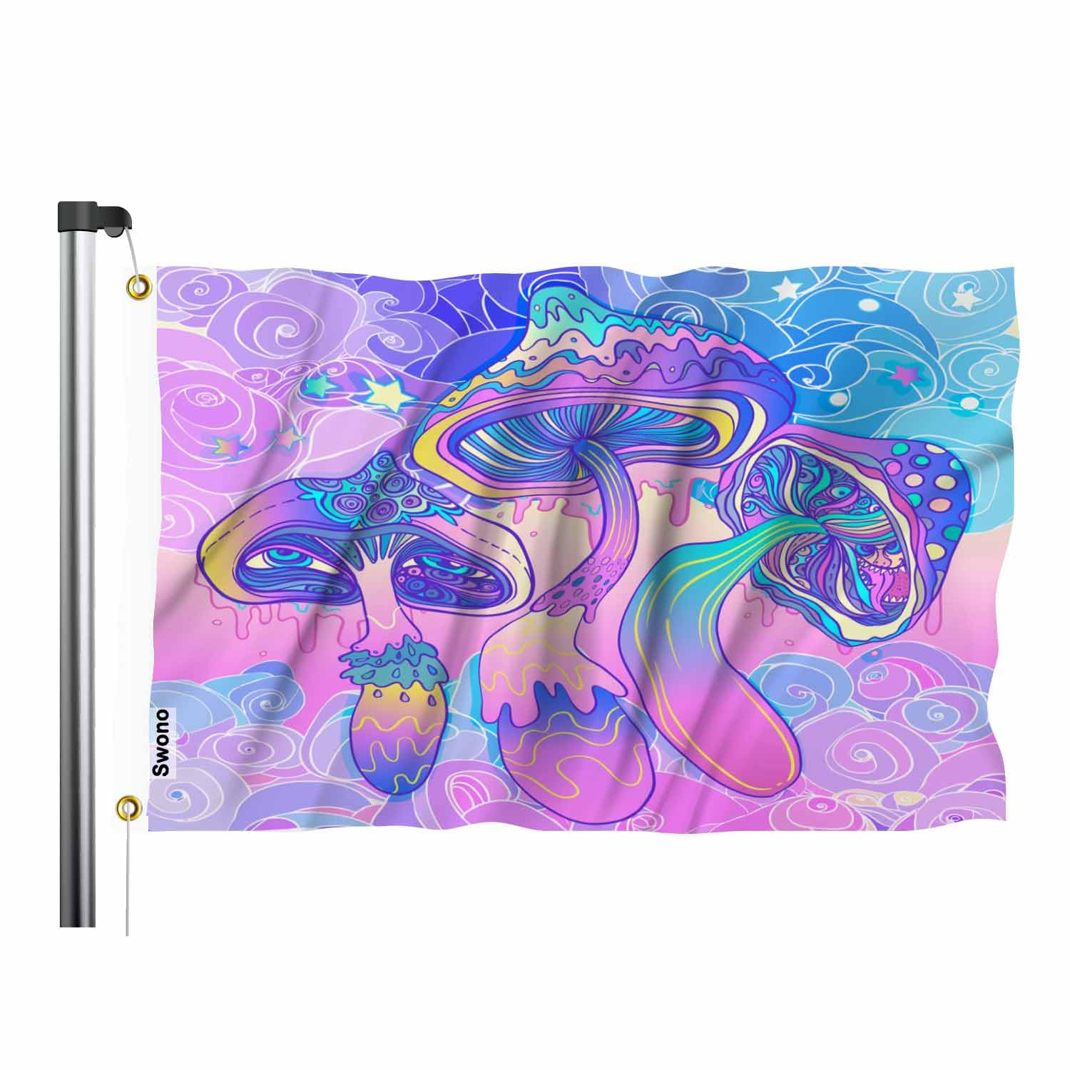 Photo 1 of Swono Colorful Mushrooms Flag 3x5 Ft Plant Mushroom Eyes Clouds Floral Circle Flag Outdoor Flag Garden Yard Outdoor Outside Decorative Flag