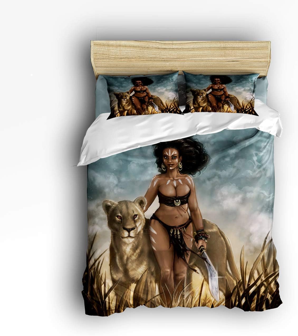 Smile Sunflower Bedding Set Queen Size Sexy African Women with Lion Wild Animal Soft Lightweight Duvet Cover Set, 1 Duvet Cover 1 Flat Sheet and 2 Pillow Cases