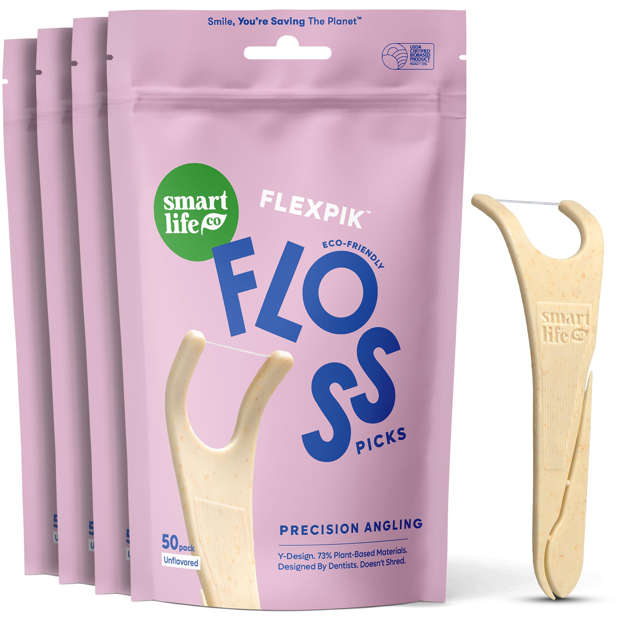 Photo 1 of SmartLifeco Eco-Friendly Angled Dental Floss Picks (200ct) - Flossers Made with Straw Wheat Blend, Anti-Shred Thread for Molars & Back Teeth, Tooth Pick Stick for Adults, Soft on Gums, Unflavored