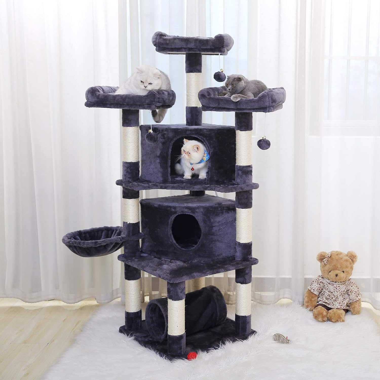 Hey-brother 65" Extra Large Multi-Level Cat Tree Condo Furniture with Sisal-Covered Scratching Posts, 2 Bigger Plush Condos, Perch Hammock for Kittens, Cats and Pets (Smoky Gray) MPJ030G : Pet Supplies