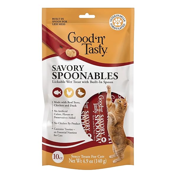 GOOD ‘N’ TASTY SAVORY SPOONABLES WITH REAL TUNA, CHICKEN AND DUCK FOR CATS, 10 COUNT, TREAT YOUR CAT TO TRIPLE FLAVOR SQUEEZABLE LICKABLE WET TREATS WITH BUILT-IN SPOON FOR LESS MESS