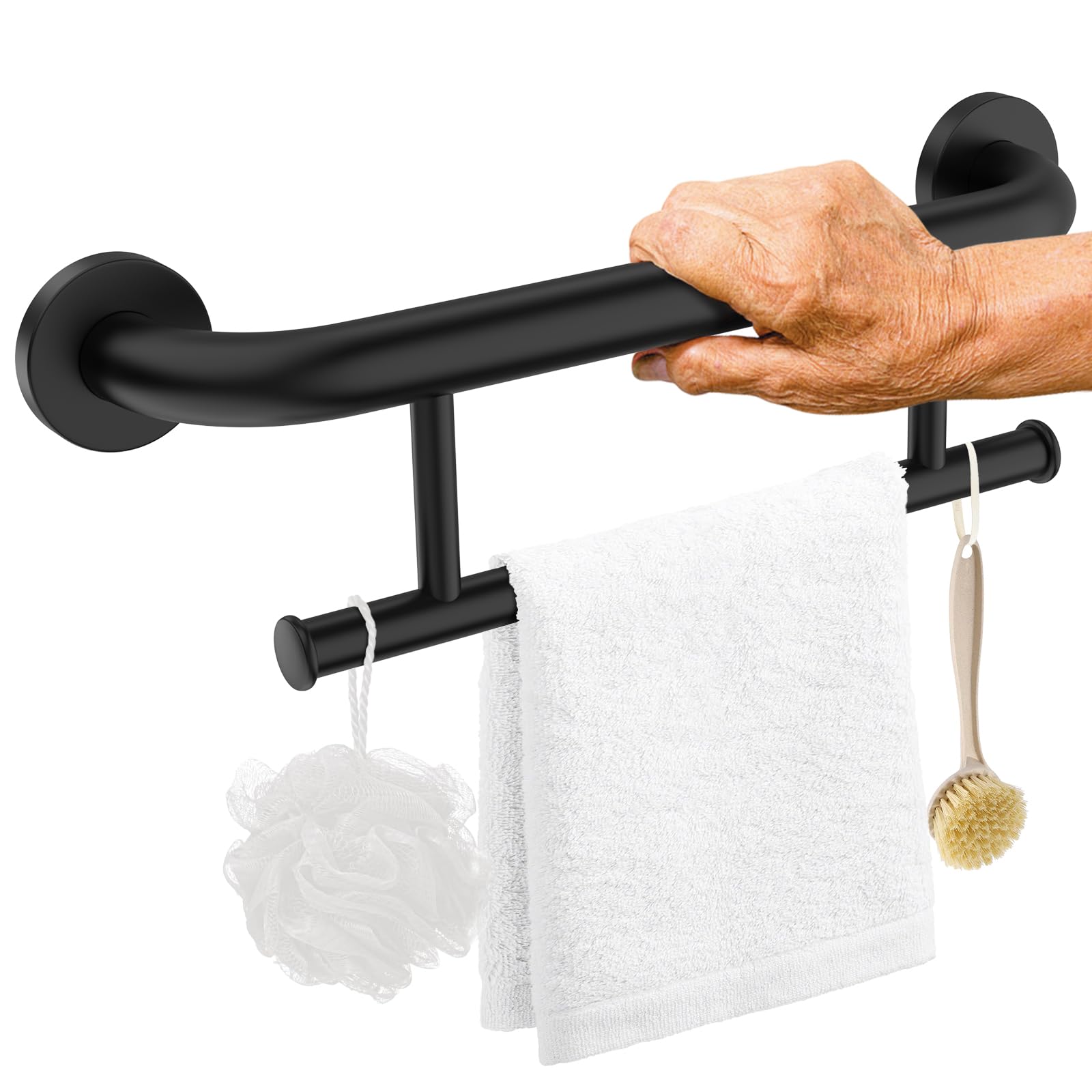 Photo 1 of Oil Rubbed Black Grab Bar 17 Inch w/Towel Holder, iHansee Stainless Steel Shower Towel Bar Bathroom Balanced Support Handle, Wall Mount Safety Handrail Grab Rail for Elderly Senior Handicap Disabled